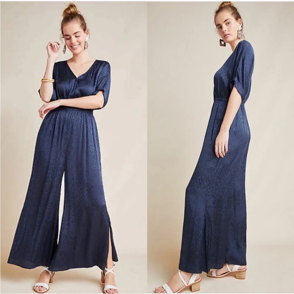 Anthropologie MAEVE Jacqueline Jacquard Jumpsuit in Navy SIZE MEDIUM - Picture 1 of 15